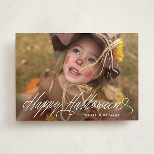 This is a ghostly white halloween party invitations cards by Hooray Creative called spooky script printing on recycled smooth signature in standard