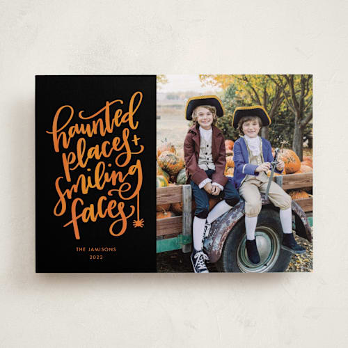 This is a midnight halloween party invitations cards by Amy Payne called smiling faces printing on recycled smooth signature in standard