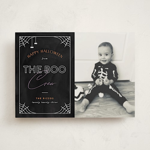 This is a spider halloween party invitations cards by Pixel and Hank called boo crew printing on recycled smooth signature in standard