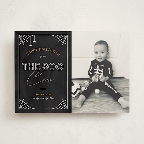 This is a spider halloween party invitations cards with standard by Pixel and Hank called boo crew printing on recycled smooth signature in standard