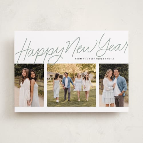 This is a sage new year photo cards with standard by Lea Delaveris called we three printing on recycled smooth signature in standard