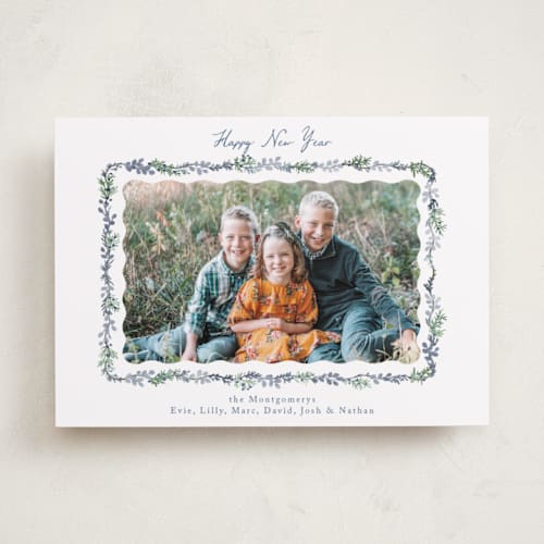 This is a frozen new year photo cards with standard by Petra Kern called scalloped greenery printing on recycled smooth signature in standard