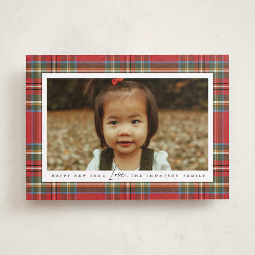 This is a stocking new year photo cards with standard by Wildfield Paper Co called tartan printing on recycled smooth signature in standard