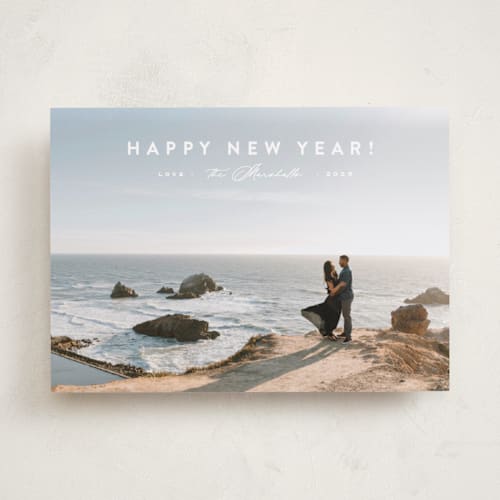 This is a snow new year photo cards with standard by Carolyn MacLaren called perfectly simple printing on recycled smooth signature in standard