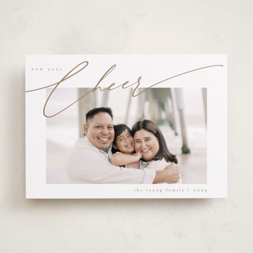 This is a tinsel new year photo cards with standard by Kelly Schmidt called slant printing on recycled smooth signature in standard