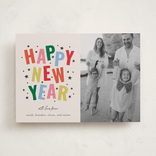 This is a confetti new year photo cards with standard by Kercia Jane called starlight wishes printing on recycled smooth signature in standard