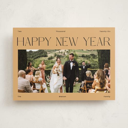 This is a burnt new year photo cards with standard by Rachel Cassel called fancy printing on recycled smooth signature in standard