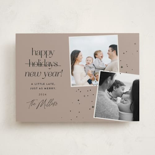 This is a cocoa new year photo cards with standard by Stephanie Hawkes called a little late printing on recycled smooth signature in standard