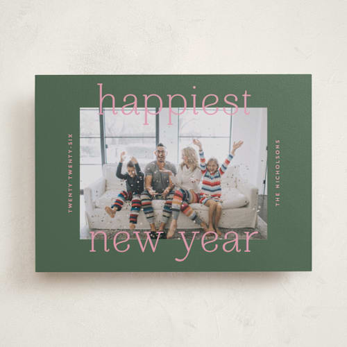 This is a pine new year photo cards with standard by lulu and isabelle called h a p p i e s t printing on recycled smooth signature in standard