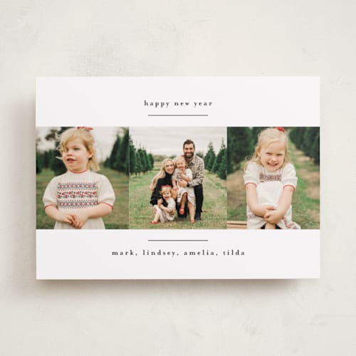 This is a crisp snow new year photo cards with standard by Kate Ross called modern minimalist printing on recycled smooth signature in standard
