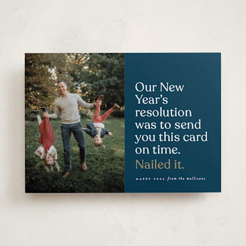 This is a navy new year photo cards with standard by Erica Krystek called resolution printing on recycled smooth signature in standard