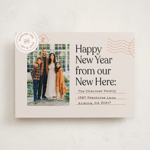 This is a champagne new year photo cards with standard by Shari Margolin called new here printing on recycled smooth signature in standard