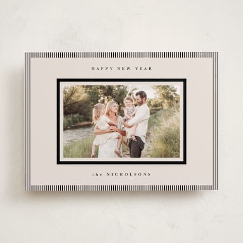 This is a linen new year photo cards with standard by Kelly Schmidt called striped border printing on recycled smooth signature in standard
