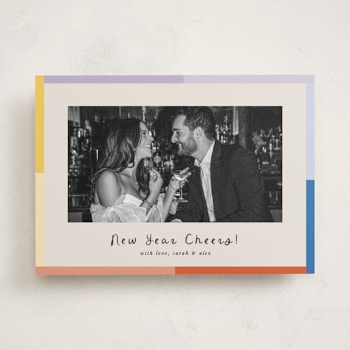 This is a rainbow new year photo cards with standard by Blustery August called rainbow stripe printing on recycled smooth signature in standard