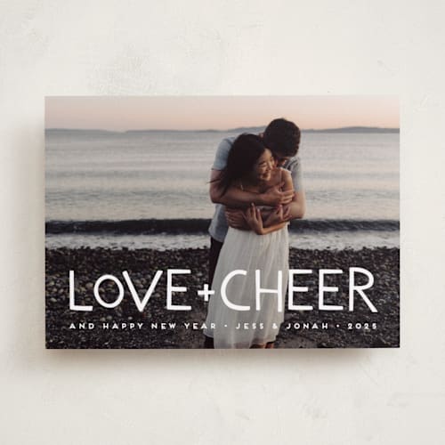 This is a snowflake new year photo cards with standard by Snow and Ivy called love & cheer printing on recycled smooth signature in standard