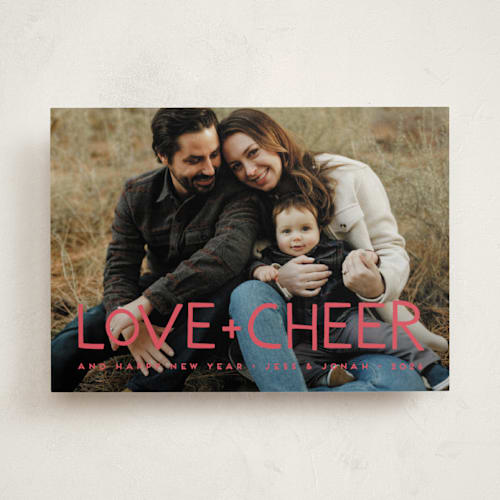 This is a petal new year photo cards with standard by Snow and Ivy called love & cheer printing on recycled smooth signature in standard