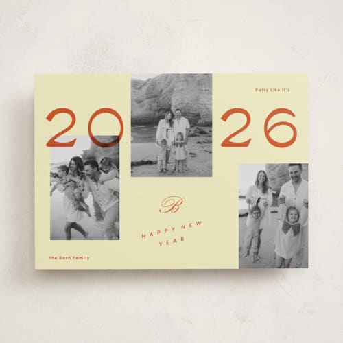 This is a buttercream new year photo cards with standard by Rachel Cassel called a bold year printing on recycled smooth signature in standard