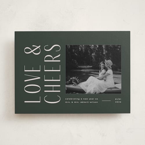 This is a spruce new year photo cards with standard by Blustery August called love & cheers printing on recycled smooth signature in standard
