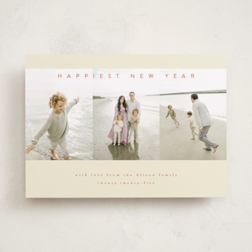 This is a buttercream new year photo cards with standard by Deynaaz Daraei called yew printing on recycled smooth signature in standard