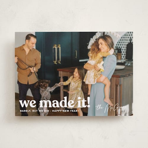 This is a snow new year photo cards with standard by Robert and Stella called made it! printing on recycled smooth signature in standard