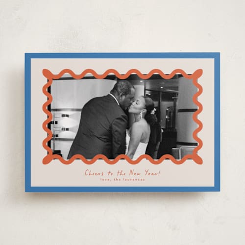 This is a papaya new year photo cards with standard by Blustery August called party squiggle printing on recycled smooth signature in standard