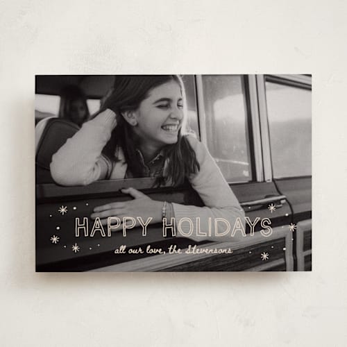 This is a champagne new year photo cards with standard by Ani Somi called road trip printing on recycled smooth signature in standard