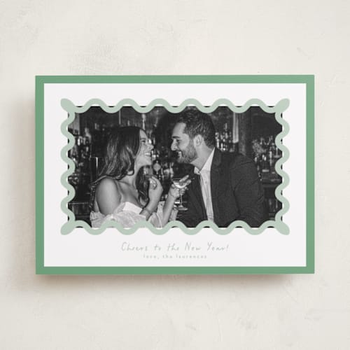 This is a spearmint new year photo cards with standard by Blustery August called party squiggle printing on recycled smooth signature in standard