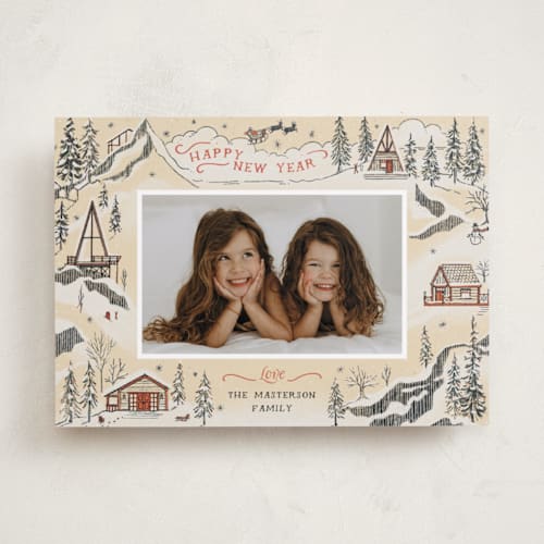 This is a eggnog holiday photo cards with standard by Becky Nimoy called snow and ivory winter scene printing on recycled smooth signature in standard