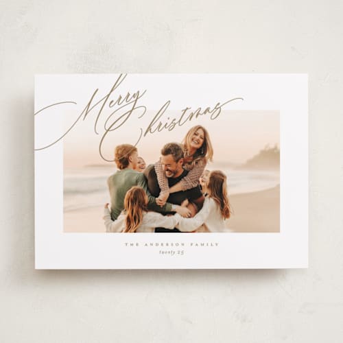 This is a golden holiday photo cards with standard by Jessica Williams called topper printing on recycled smooth signature in standard