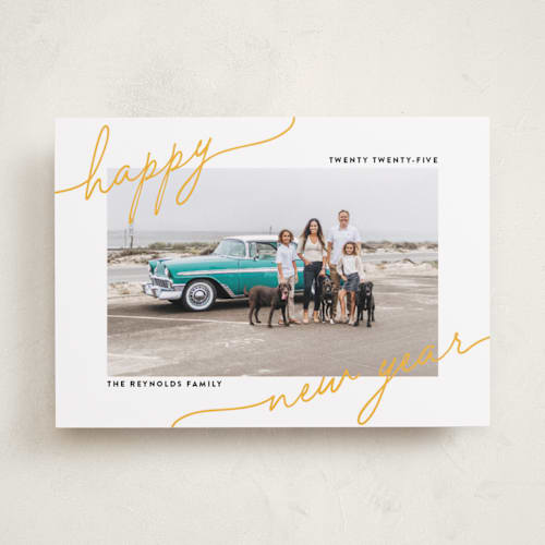This is a butterscotch holiday photo cards with standard by Ekko Studio called playful corners printing on recycled smooth signature in standard