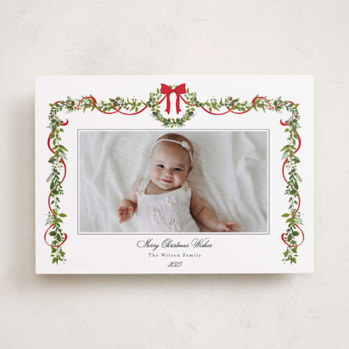 This is a candy cane holiday photo cards with standard by Susan Moyal called bows & ribbon printing on recycled smooth signature in standard
