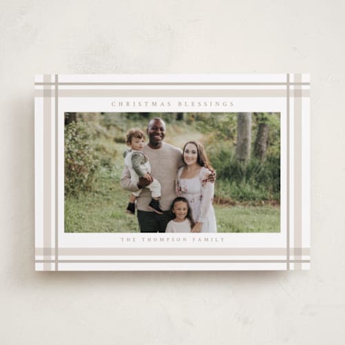 This is a tan holiday photo cards with standard by Ashley Presutti Beasley called traditional plaid printing on recycled smooth signature in standard