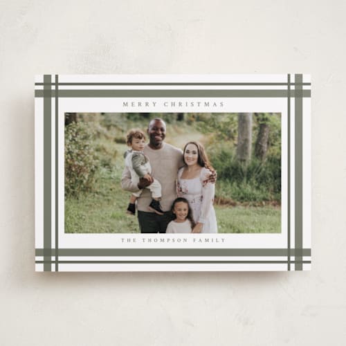 This is a sage holiday photo cards with standard by Ashley Presutti Beasley called traditional plaid printing on recycled smooth signature in standard