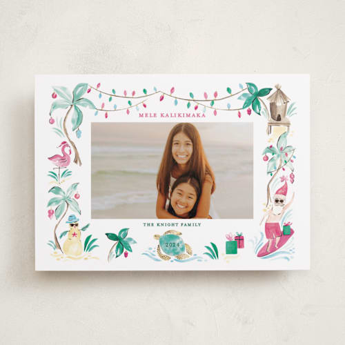 This is a guava holiday photo cards with standard by Sarah Knight called merry luau printing on recycled smooth signature in standard