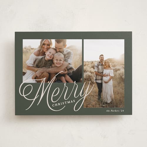 This is a pine holiday photo cards with standard by Brianne Larsen called scripted merry printing on recycled smooth signature in standard
