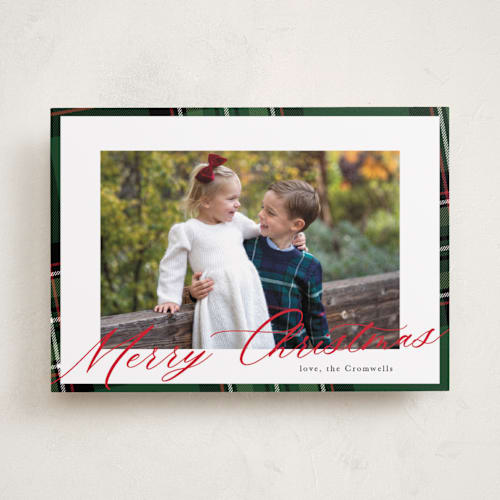 This is a hunter green holiday photo cards with standard by Cindy Reynolds called yule plaid printing on recycled smooth signature in standard