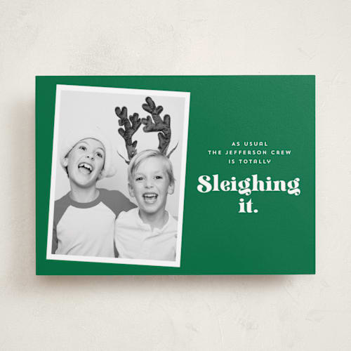 This is a elf holiday photo cards with standard by Corinne Malesic called sleighing it printing on recycled smooth signature in standard