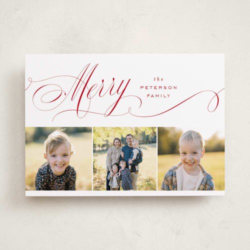 This is a cranberry holiday photo cards with standard by Janean Hinger called merrily printing on recycled smooth signature in standard