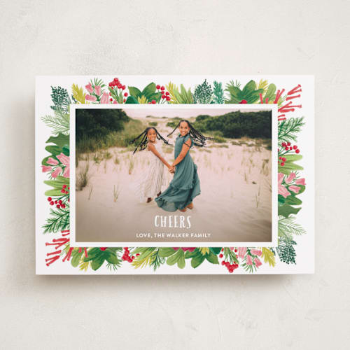 This is a strawberry punch holiday photo cards with standard by Shiny Penny Studio called tropical pines frame printing on recycled smooth signature in standard