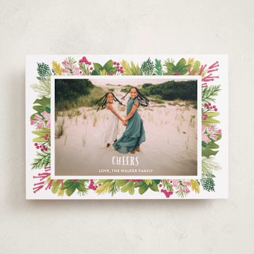 This is a vintage rose holiday photo cards with standard by Shiny Penny Studio called tropical pines frame printing on recycled smooth signature in standard