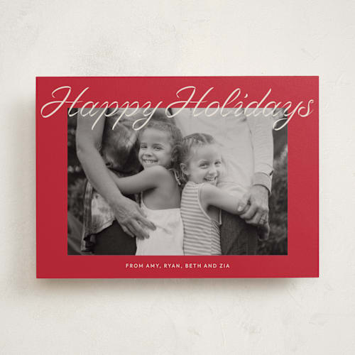 This is a cranberry holiday photo cards with standard by Ani Somi called happy days printing on recycled smooth signature in standard