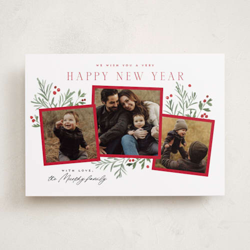 This is a peppermint holiday photo cards with standard by Everett Paper Goods called pine holly printing on recycled smooth signature in standard