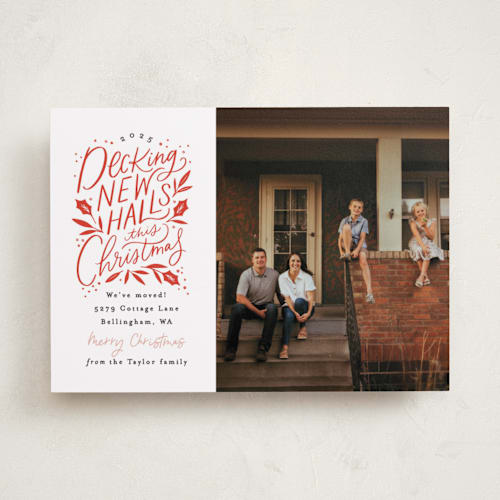 This is a holly berry holiday photo cards with standard by Alethea and Ruth called decking new halls printing on recycled smooth signature in standard
