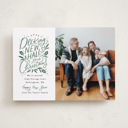 This is a pine holiday photo cards with standard by Alethea and Ruth called decking new halls printing on recycled smooth signature in standard