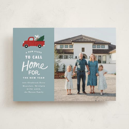 This is a mist holiday photo cards with standard by Everett Paper Goods called moving truck printing on recycled smooth signature in standard
