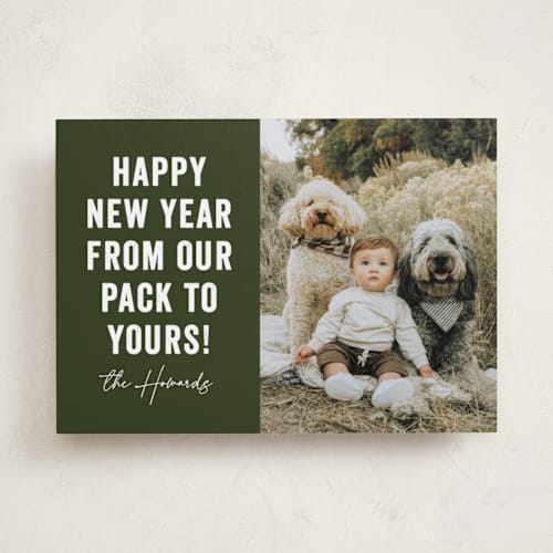 This is a evergreen holiday photo cards with standard by Brooke Chandler called our pack to yours printing on recycled smooth signature in standard