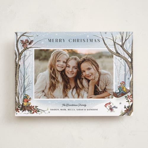 This is a ice holiday photo cards with standard by Becky Nimoy called winnie the pooh snow day printing on recycled smooth signature in standard