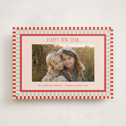 This is a tomato holiday photo cards with standard by Julie Murray called modern plaid printing on recycled smooth signature in standard