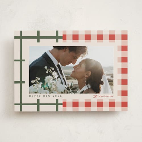 This is a santa suit holiday photo cards with standard by Carrie ONeal called grandmas dishes printing on recycled smooth signature in standard