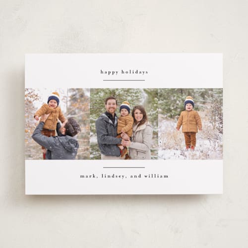 This is a crisp snow holiday photo cards with standard by Kate Ross called modern minimalist printing on recycled smooth signature in standard